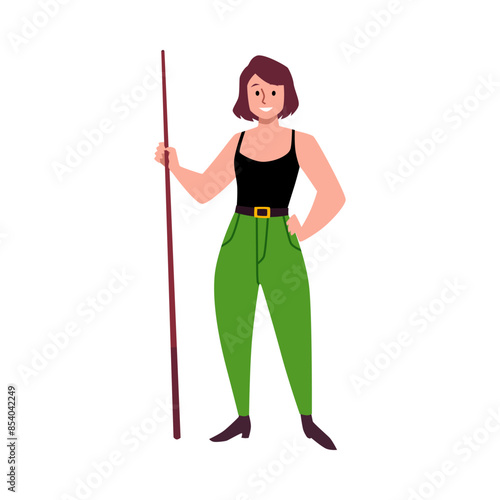 Woman player holding billiards cue, vector cartoon snooker with pool billiard equipment, sport game leisure hobby