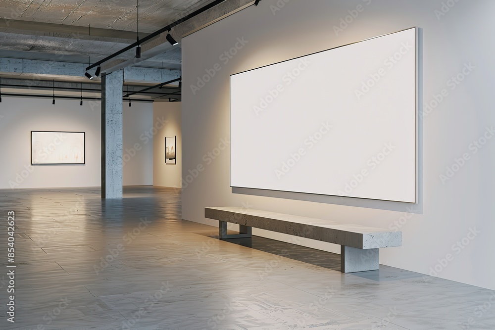 White frame hanging in contemporary art gallery. Mockup promotion poster displayed on the concrete gray wall of minimalist art space interior background. Empty blank mock up poster banner, spot lights White frame hanging in contemporary art gallery. Mockup promotion poster displayed on the concrete gray wall of minimalist art space interior background. Empty blank mock up poster banner, spot lights