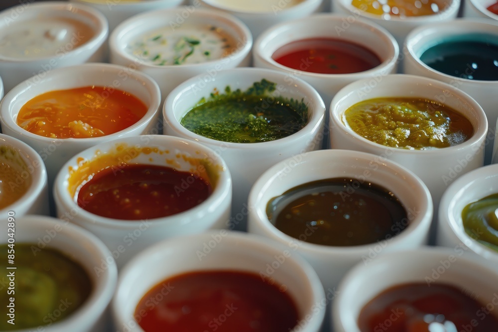 Selection of different sauces in bowls Selection of different sauces in bowls