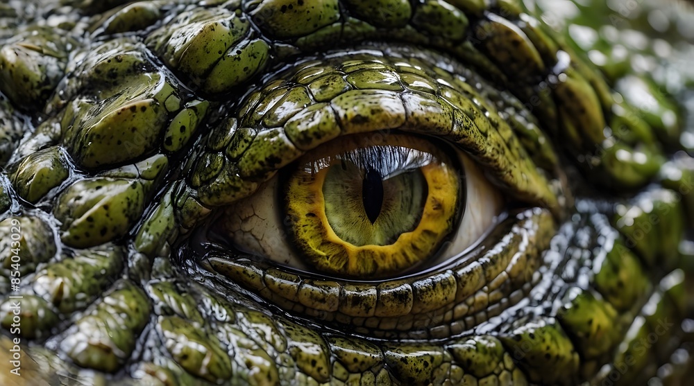Close-up macro photo of wild crocodile eyes, yellow eyes with green crocodile body. With a crocodile head in the background Close-up macro photo of wild crocodile eyes, yellow eyes with green crocodile body. With a crocodile head in the background