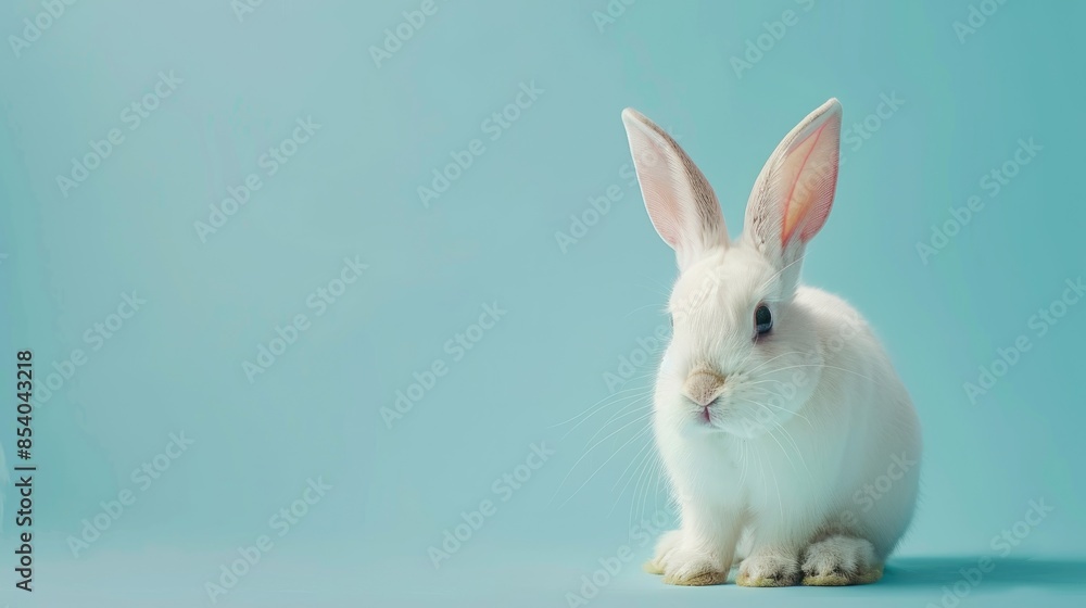 Easter bunny in a close up sitting on light blue background with space for text Religious spring holiday concept Easter bunny in a close up sitting on light blue background with space for text Religious spring holiday concept