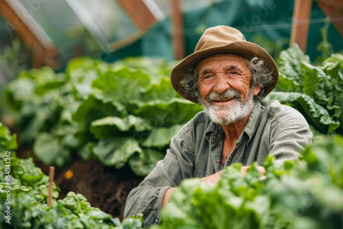 Joyful elderly gardener tending to organic veggies in greenhouse.