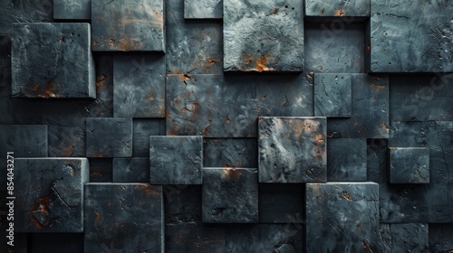 An image of a wall featuring dark metal squares with a rusty, weathered appearance creating a geometric pattern