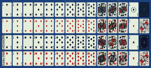 Classic playing cards (poker, bridge), full deck. Printable and editable. King, Queen, Jack and Joker characters. Spades, hearts, diamonds, clubs suits. Vector illystration.
