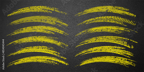 Yellow grunge tire tracks, wheel braking marks. Truck, car or motorcycle tread pattern silhouettes. Auto race, motorsport, speed racing design element. Asphalt texture. Vector illustration