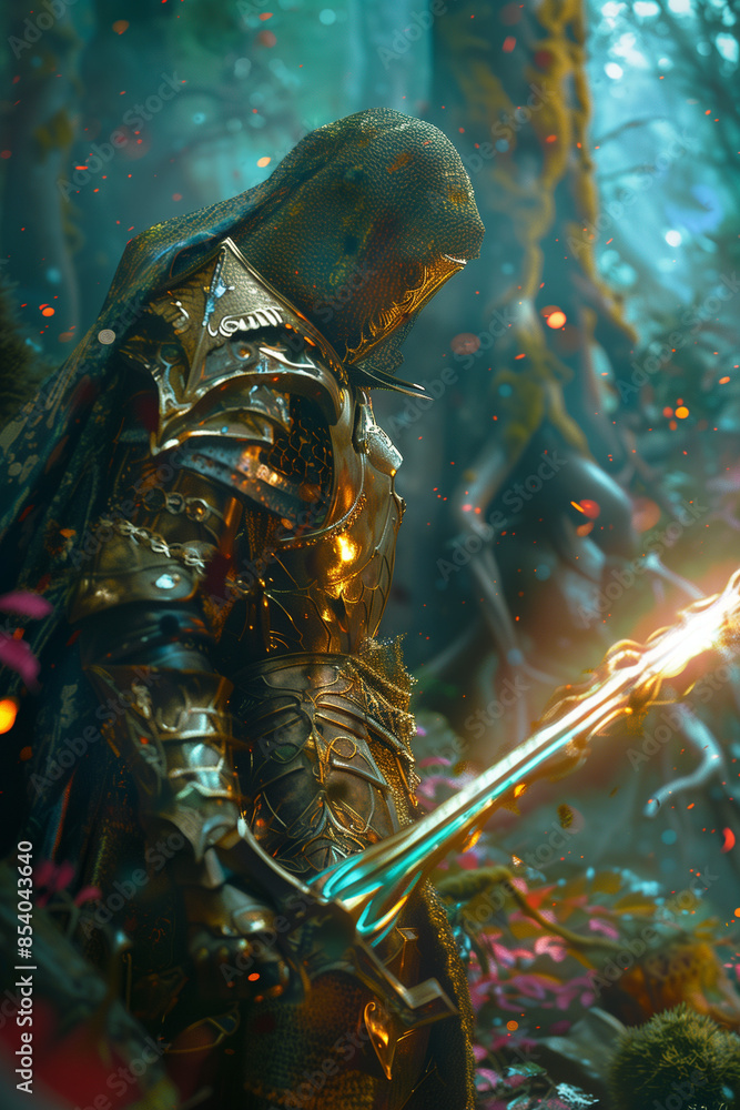 fairy warrior in battle armor wielding a glowing sword, dramatic fantasy scene in an enchanted forest fairy warrior in battle armor wielding a glowing sword, dramatic fantasy scene in an enchanted forest