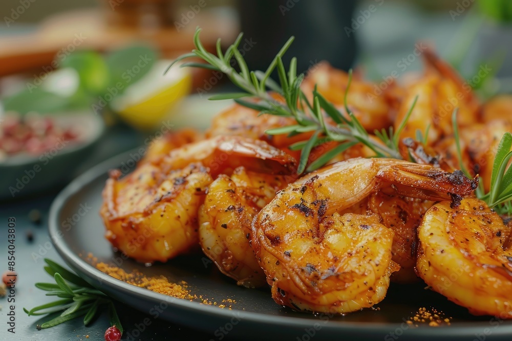 Fried shrimps with spices on plate Fried shrimps with spices on plate