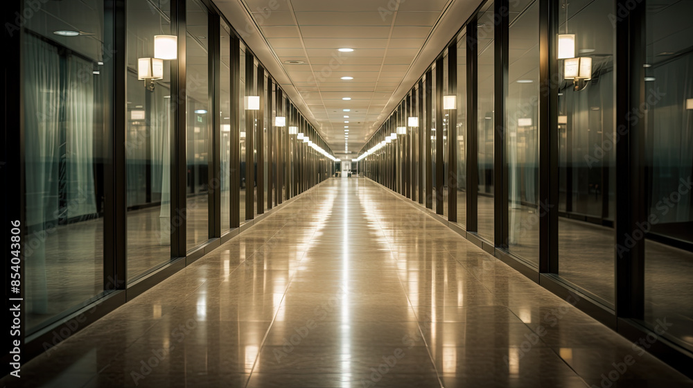 Office building interior with long hall and doors. Empty office corridor with lamps and glass decorations.