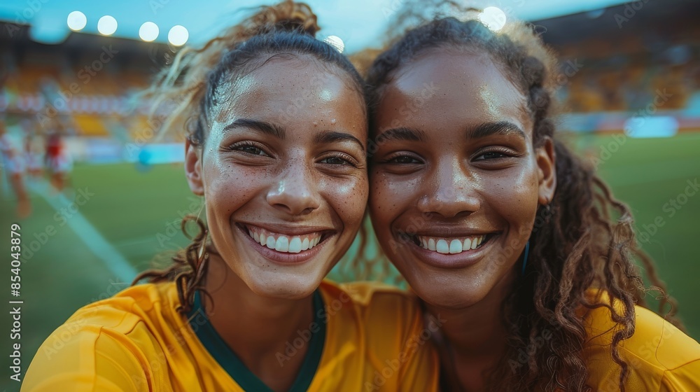 Two joyful female soccer players celebrating a victory on the field at sunset Two joyful female soccer players celebrating a victory on the field at sunset