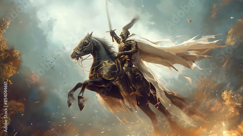 Illustration of a knight wearing armor and holding a long sword, riding a horse and fighting on the battlefield, a hero wearing armor and holding a long sword, a mythological figure wearing armor and 