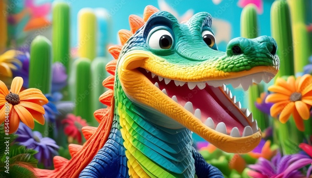 Un alegre y divertido cocodrilo hecho de tiras de plastilina de colores. Tema infantil Un alegre y divertido cocodrilo hecho de tiras de plastilina de colores. Tema infantil