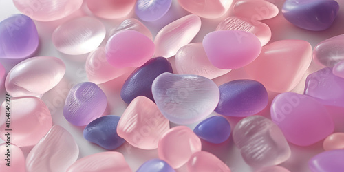 A closeup of pastel pink and purple artificial sea glass, which is semitransparent and has smooth edges and super clean and smooth surfaces without scratches, cracks, holes or patterns