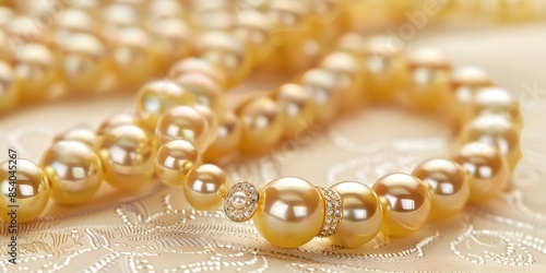 Elegant golden pearl necklaces and stylish pendants on a beautiful jewelry background. Concept Jewelry Photography, Golden Accessories, Elegant Styling, Pearls and Pendants, Stylish Backgrounds