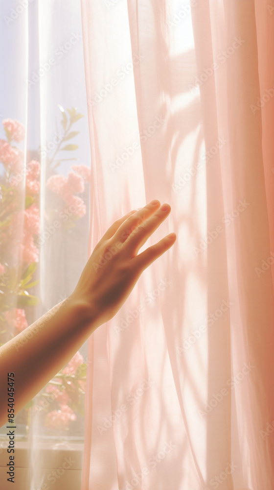 Woman looking out window, hand with curtains. Woman looking out window, hand with curtains.