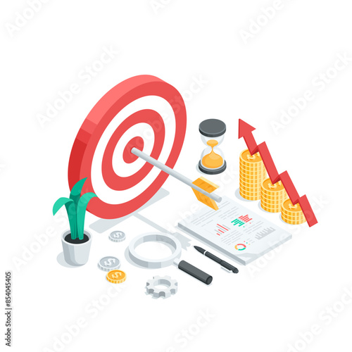 isometric vector target with an arrow in the center and a chart of coins with an arrow as well as a magnifying glass and an hourglass, in color on a white background, business success and achieving 