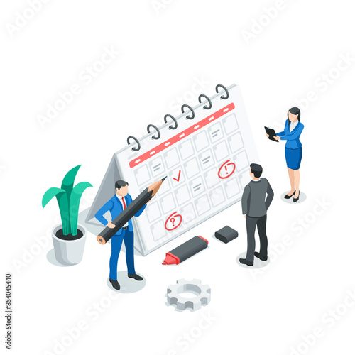 isometric vector men and woman near the calendar, in color on a white background, planning or teamwork with calendar