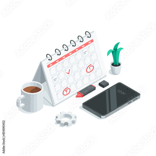 isometric vector calendar and smartphone as well as a marker and a cup of coffee, in color on a white background, business planning or effective management