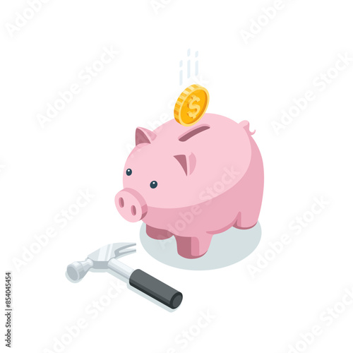 isometric piggy bank with hammer and coin, in color on a white background, banking and financial savings or deposit