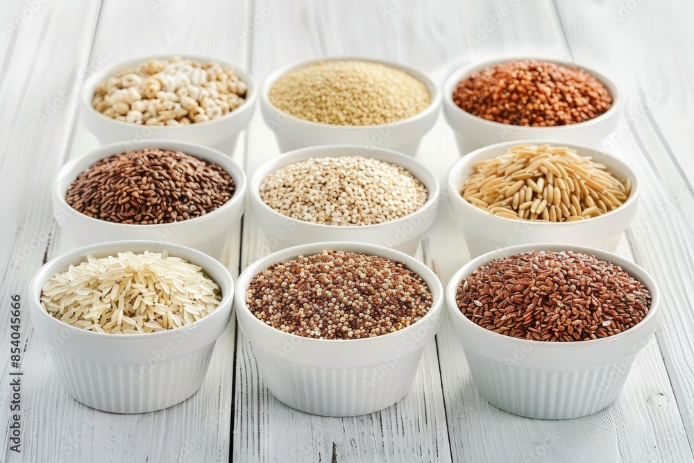 Selection of whole grains in white bowls - rice, oats, buckwheat, bulgur, porridge, barley, quinoa, amaranth, on white wood background Selection of whole grains in white bowls - rice, oats, buckwheat, bulgur, porridge, barley, quinoa, amaranth, on white wood background