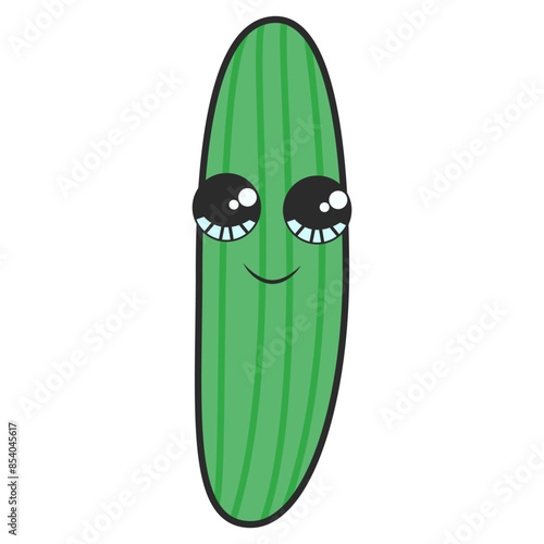 Cartoon illustration of a cute fresh kawaii hand drawn green cucumber