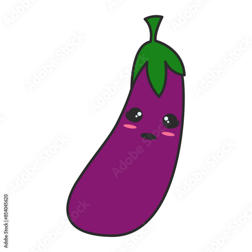 Cartoon illustration of a cute fresh kawaii hand drawn purple eggplant