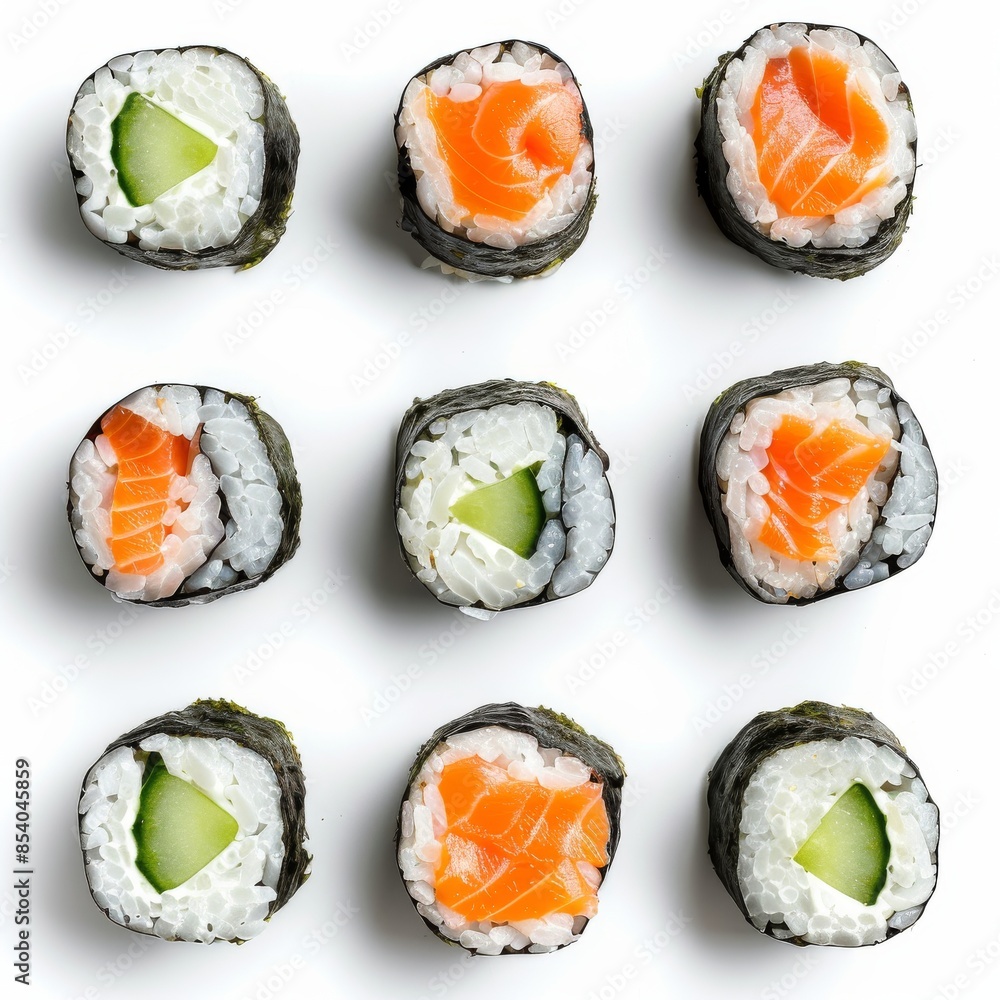 Sushi Rolls Set with Salmon, Shrimps, Cucumber and Philadelphia Cream Cheese Isolated on White Sushi Rolls Set with Salmon, Shrimps, Cucumber and Philadelphia Cream Cheese Isolated on White