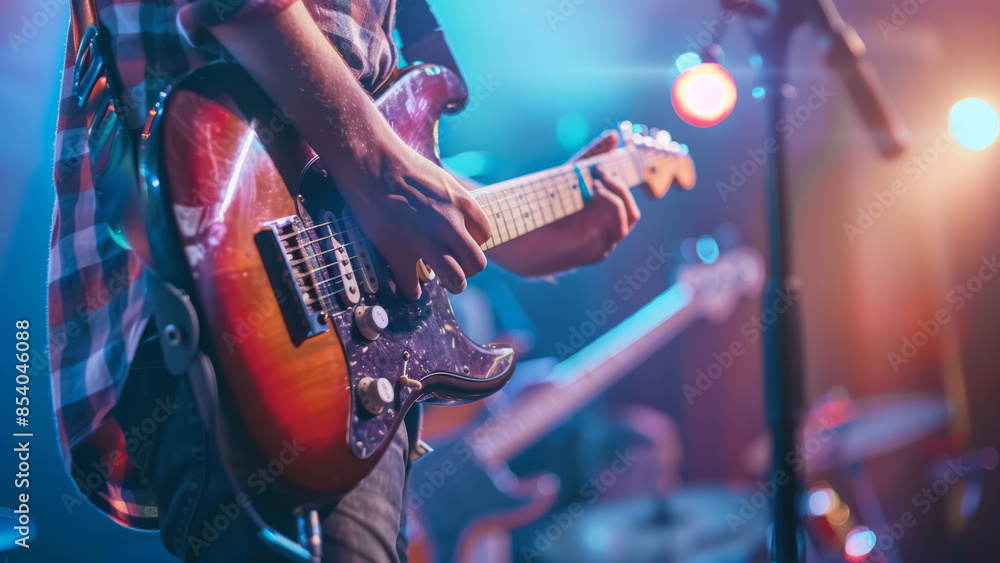 Obraz premium A guitarist performing on stage with dramatic lighting and smoke, creating an intense atmosphere. 