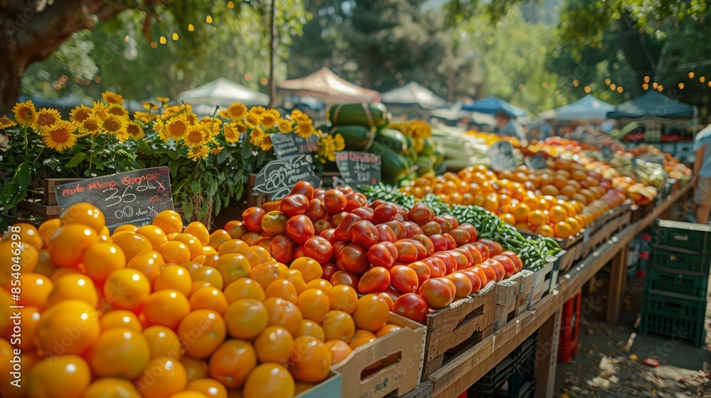 A vibrant display of colorful fruits and vegetables at an outdoor market. A vibrant display of colorful fruits and vegetables at an outdoor market.