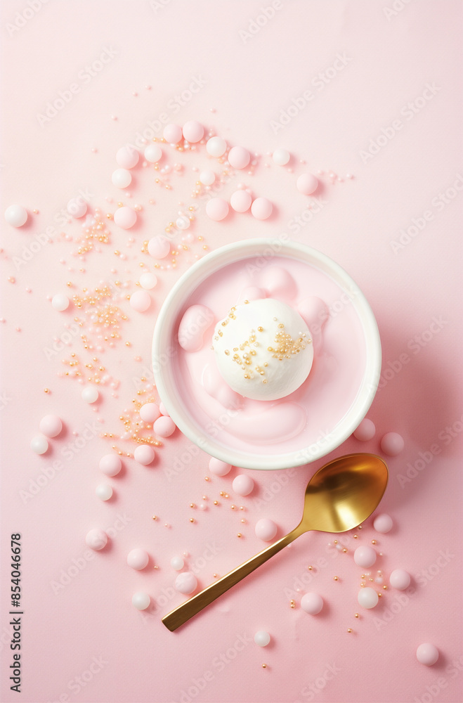 A cup of sweet, pink whipped cream with a golden spoon on pink background. Food concept. A cup of sweet, pink whipped cream with a golden spoon on pink background. Food concept.