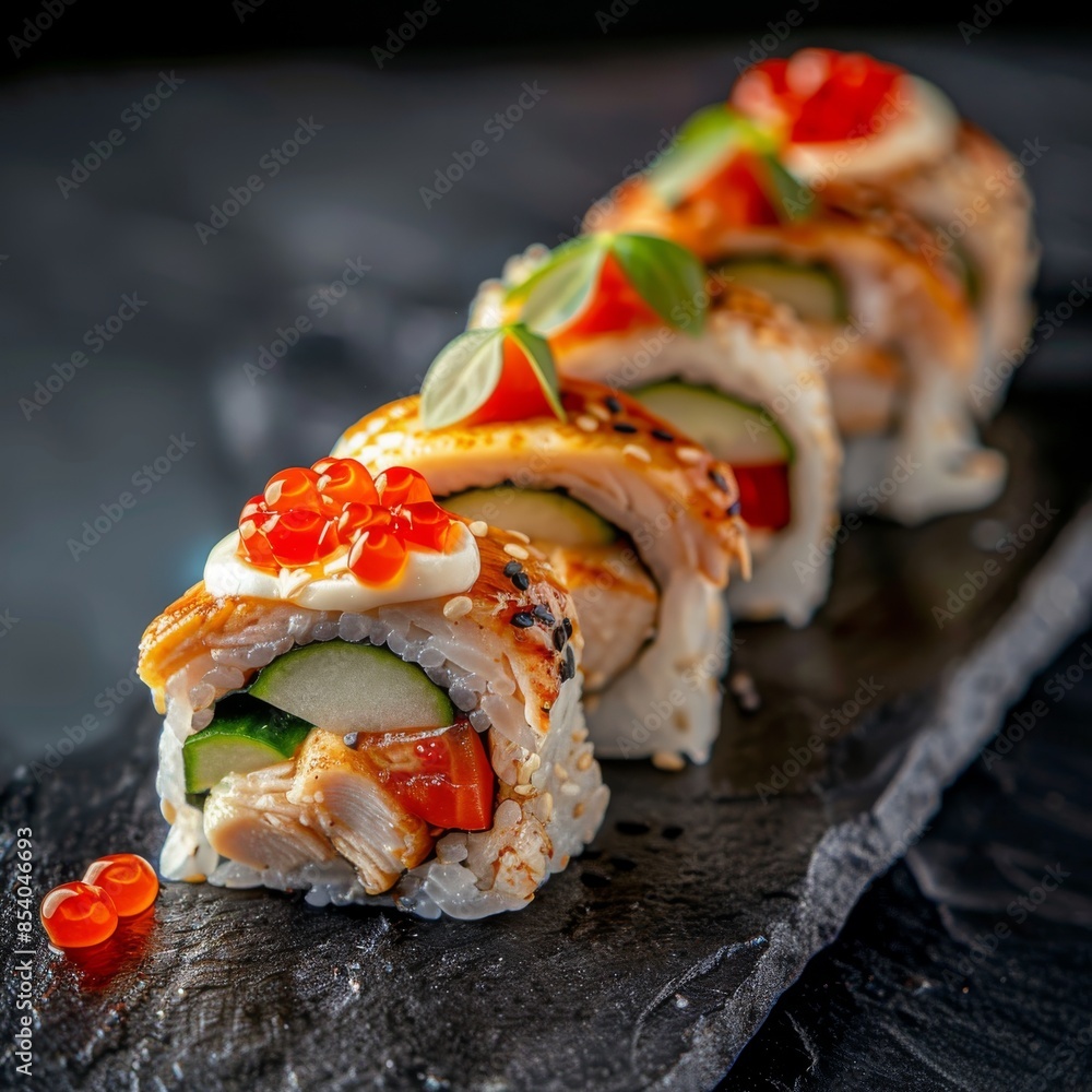 Chicken Uramaki Sushi with Bacon, Processed Cheese, Tomato, Green Onion, Black and White