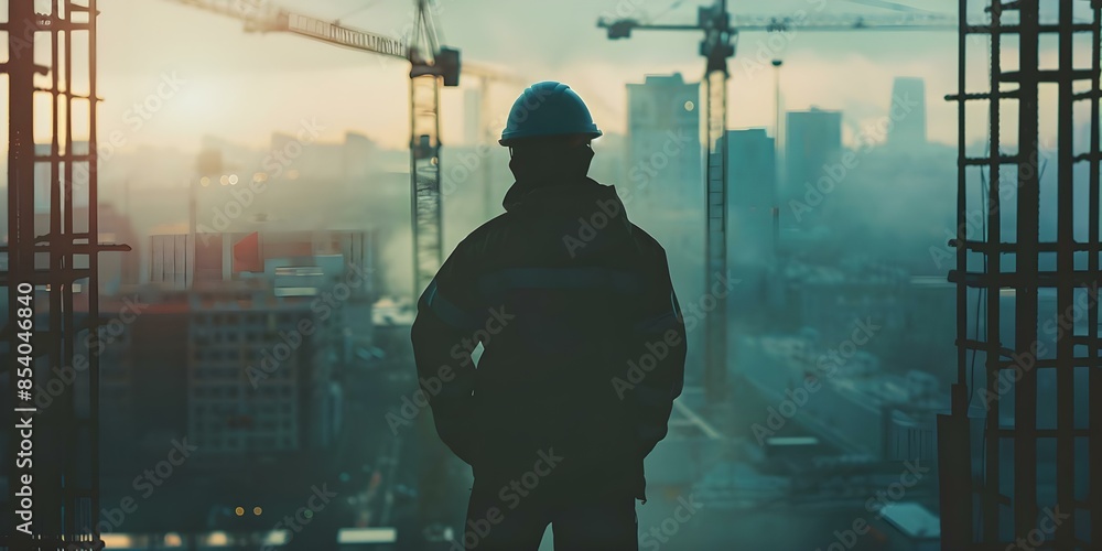 custom made wallpaper toronto digitalConstruction worker silhouette against urban industrial backdrop. Concept Construction, Worker, Silhouette, Urban, Industrial