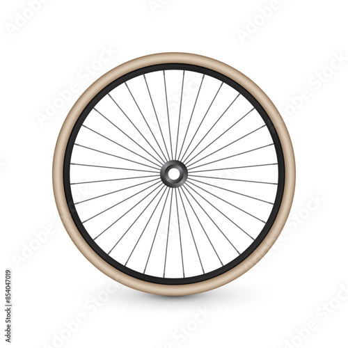 Realistic 3d retro bicycle wheel. Bike rubber tire, shiny metal spokes and rim. Fitness cycle, touring, sport, road and mountain bike. Vector illustration