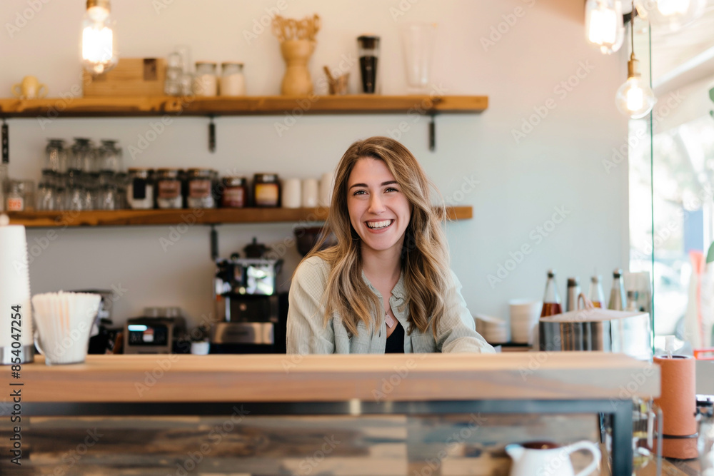 Barista is working in coffee shop, young woman is standing behind the bar counter, making coffee, take away. image for advertising Barista is working in coffee shop, young woman is standing behind the bar counter, making coffee, take away. image for advertising
