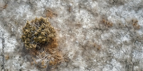 Aerial view of saltcrusted barren field with sparse struggling vegetation. Concept Arid Landscape, Salt Flats, Struggling Vegetation, Aerial View, Barren Field photo