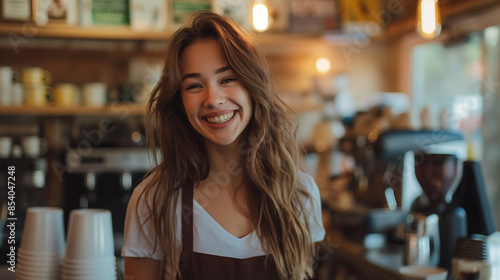 Barista is working in coffee shop, young woman is standing behind the bar counter, making coffee, take away. image for advertising