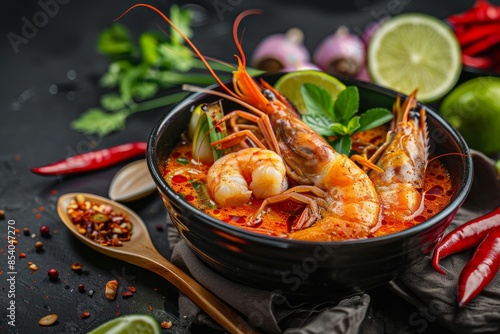 Tom Yum, Traditional Red Sour Thai Soup, Hot Chili Tom Yam with Squid, Shrimps, Red Peppers photo