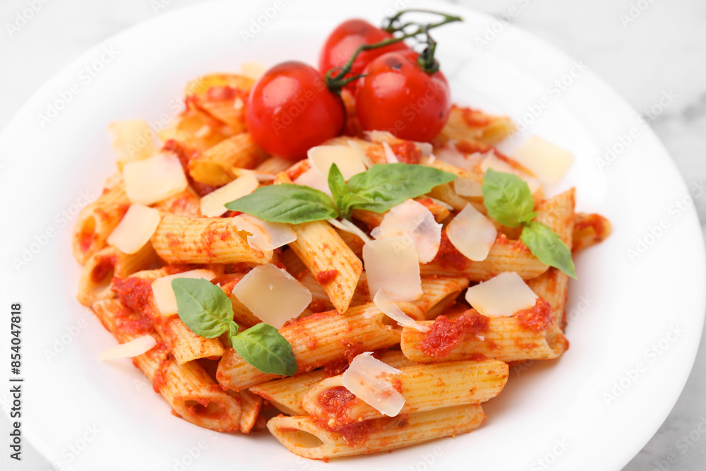 Tasty pasta with tomato sauce, cheese and basil on table, closeup Tasty pasta with tomato sauce, cheese and basil on table, closeup
