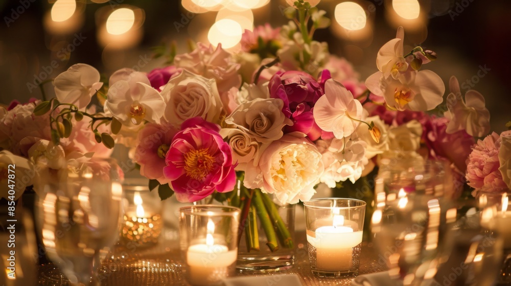 A close-up view of a beautifully decorated dinner table with a centerpiece of pink and white flowers, surrounded by flickering candlelight. A close-up view of a beautifully decorated dinner table with a centerpiece of pink and white flowers, surrounded by flickering candlelight.