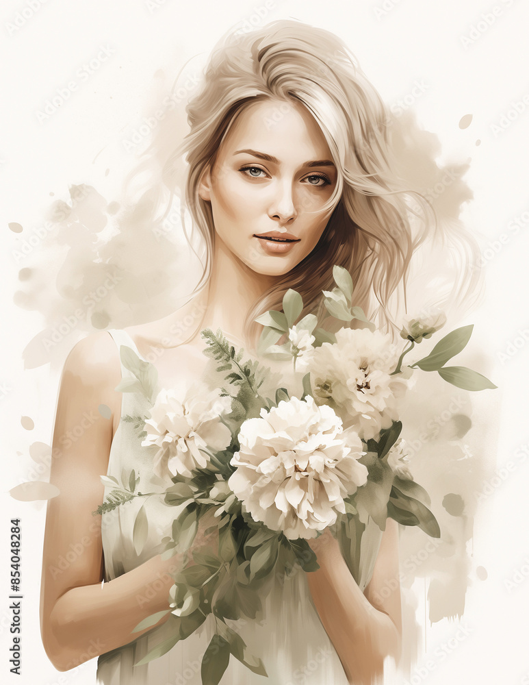 Portrait of a bride with a bouquet. Beautiful woman with flowers. Generative AI. Portrait of a bride with a bouquet. Beautiful woman with flowers. Generative AI.
