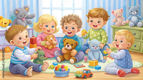 Baby characters. New born kids playing toys happy childhood small little one vector babies. Illustration baby child newborn with teddy, playing toddler © Matan