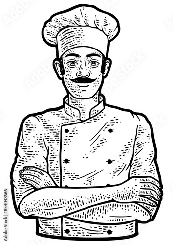 chef man in chef hat toque line art sketch engraving PNG illustration. T-shirt apparel print design. Scratch board imitation. Black and white hand drawn image.