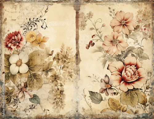 Vintage background with flowers. Shabby chic paper for junk journal. Scrapbooking floral paper. Generative AI.