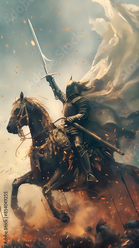 Illustration of a knight wearing armor and holding a long sword, riding a horse and fighting on the battlefield, a hero wearing armor and holding a long sword, a mythological figure wearing armor and 