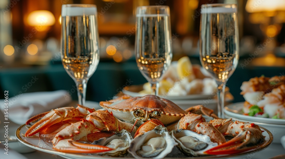 A luxurious dining scene showcasing a whole crab surrounded by oysters and shrimps, complemented by chilled glasses of champagne. A luxurious dining scene showcasing a whole crab surrounded by oysters and shrimps, complemented by chilled glasses of champagne.