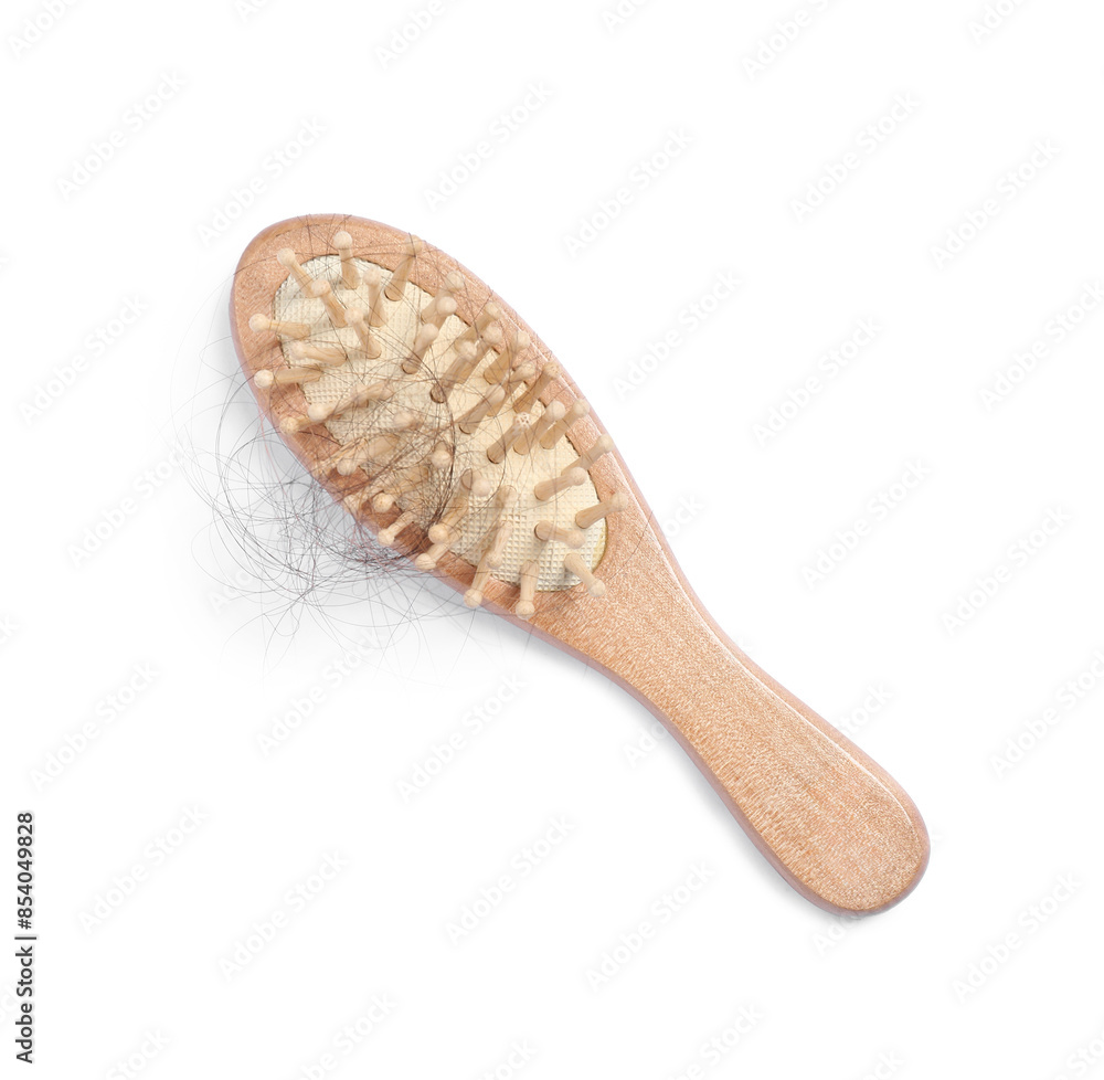 Brush with lost hair isolated on white, top view Brush with lost hair isolated on white, top view