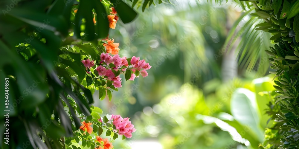 Tropical vine creepers with colorful flowers on high tree canopies. Concept Tropical plants, Vine creepers, Colorful flowers, High tree canopies Tropical vine creepers with colorful flowers on high tree canopies. Concept Tropical plants, Vine creepers, Colorful flowers, High tree canopies