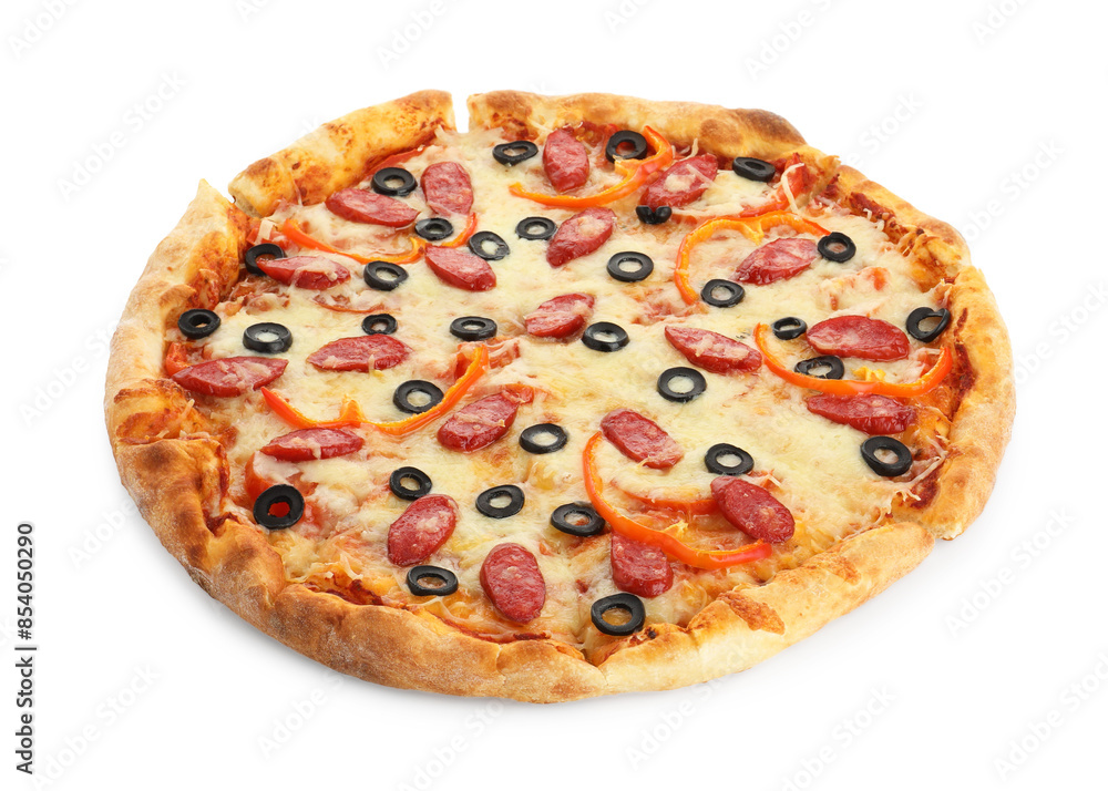 Tasty pizza with cheese, dry smoked sausages, olives and pepper isolated on white Tasty pizza with cheese, dry smoked sausages, olives and pepper isolated on white