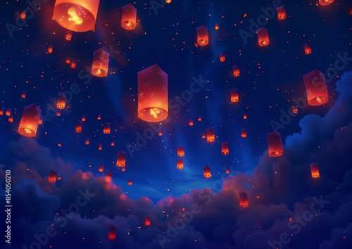 Starry Sky and Full Moon with Japan Olong Lanterns in 3D Style photo