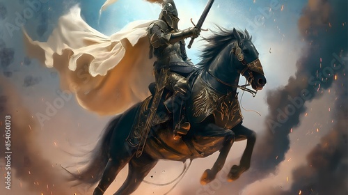 Illustration of a knight wearing armor and holding a long sword, riding a horse and fighting on the battlefield, a hero wearing armor and holding a long sword, a mythological figure wearing armor and 