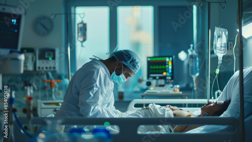 A doctor treating a patient in the intensive care unit, surrounded by medical equipment and monitors.
 photo